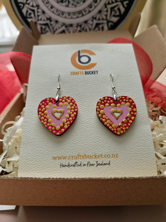 Golden Heartbeat: Hand-Painted Wooden Earrings