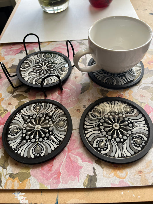 Hand Painted Silicone Base Resin Coated Mandala Coasters (Set of 4)