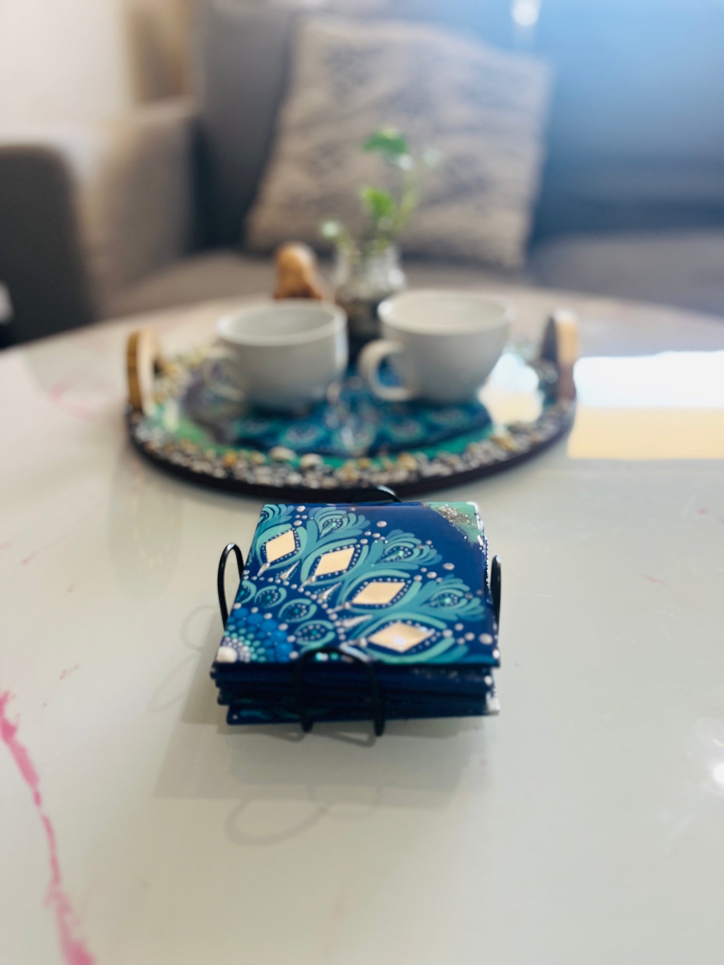 Hand Painted Resin Coated Ocean Mandala Coasters (Set of 6)