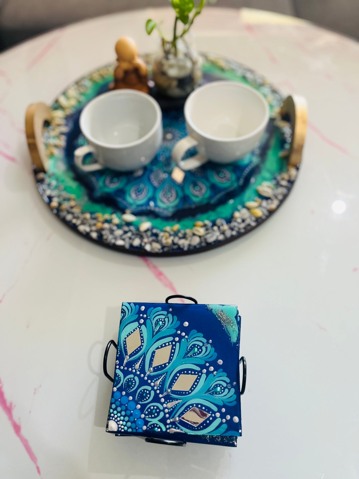 Hand Painted Resin Coated Ocean Mandala Coasters (Set of 6)