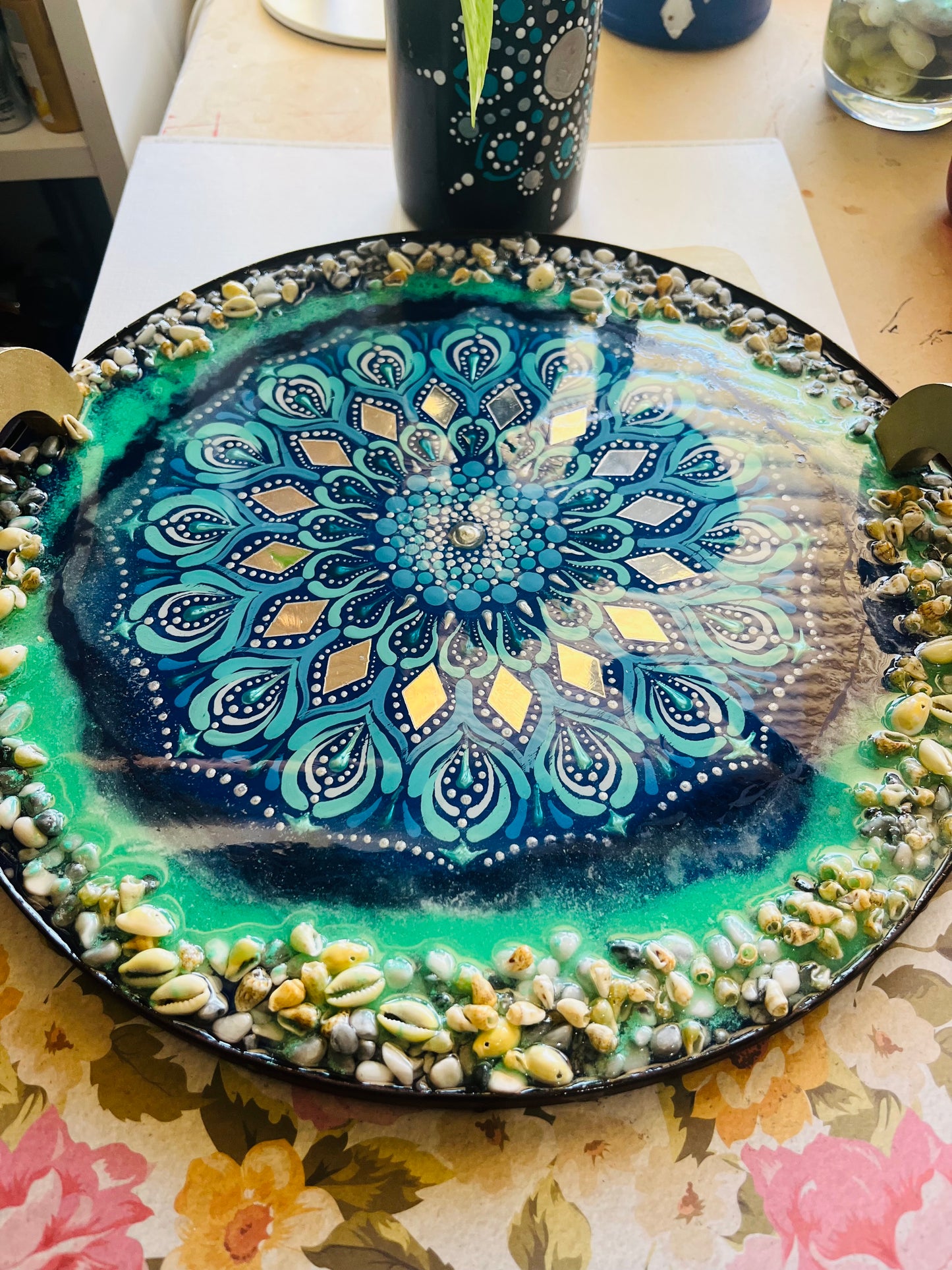 Hand Crafted Ocean Inspired Resin Coated Mandala Trays