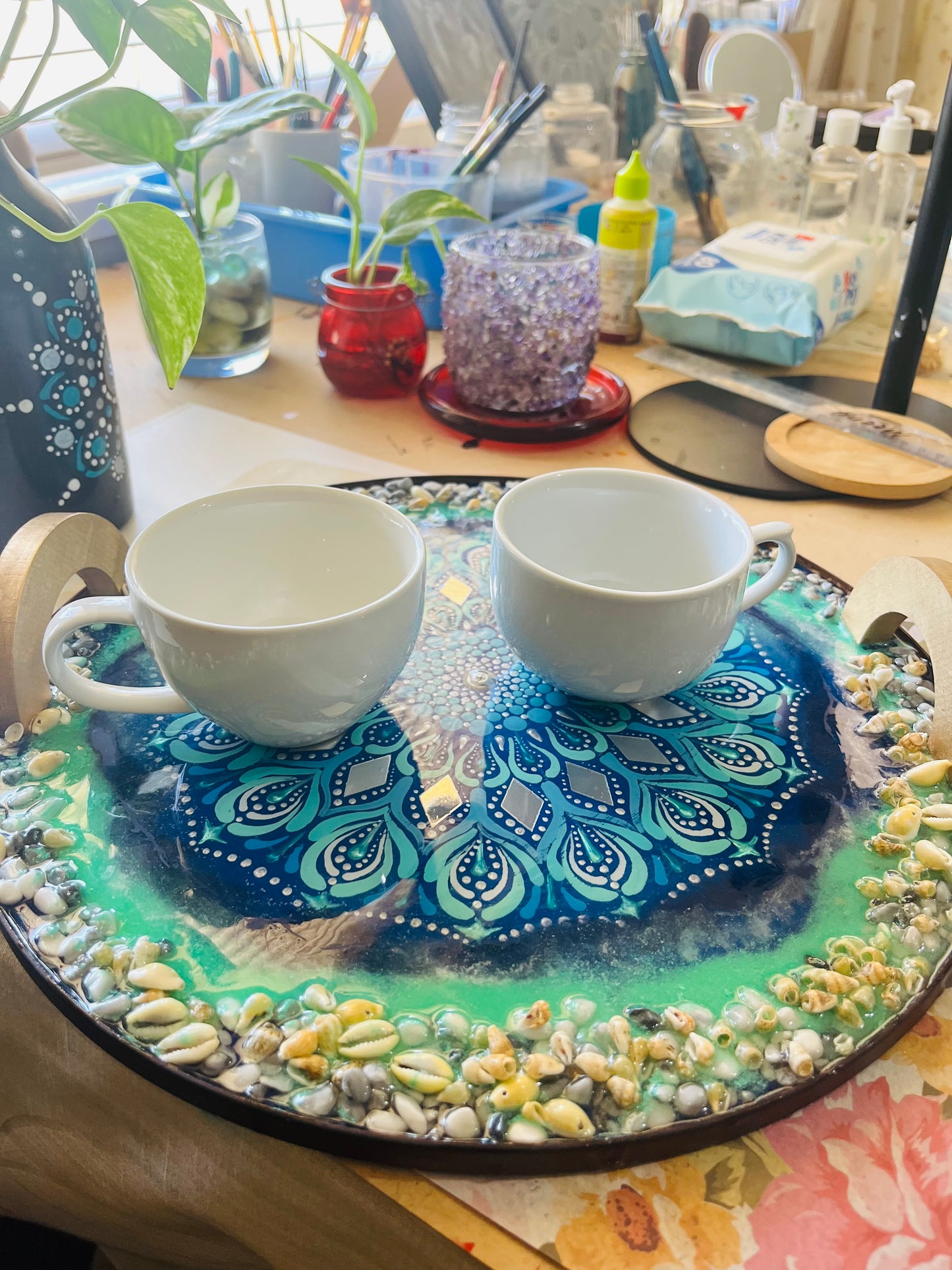 Hand Crafted Ocean Inspired Resin Coated Mandala Trays